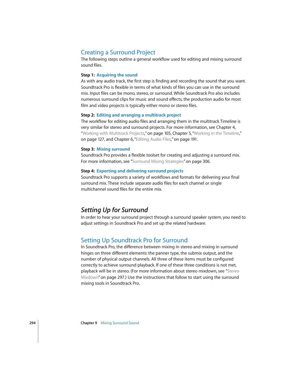 Creating a surround project, Setting up for surround, Setting up soundtrackpro for surround | Setting up soundtrack pro for surround | Apple Soundtrack Pro 2 User Manual | Page 294 / 566