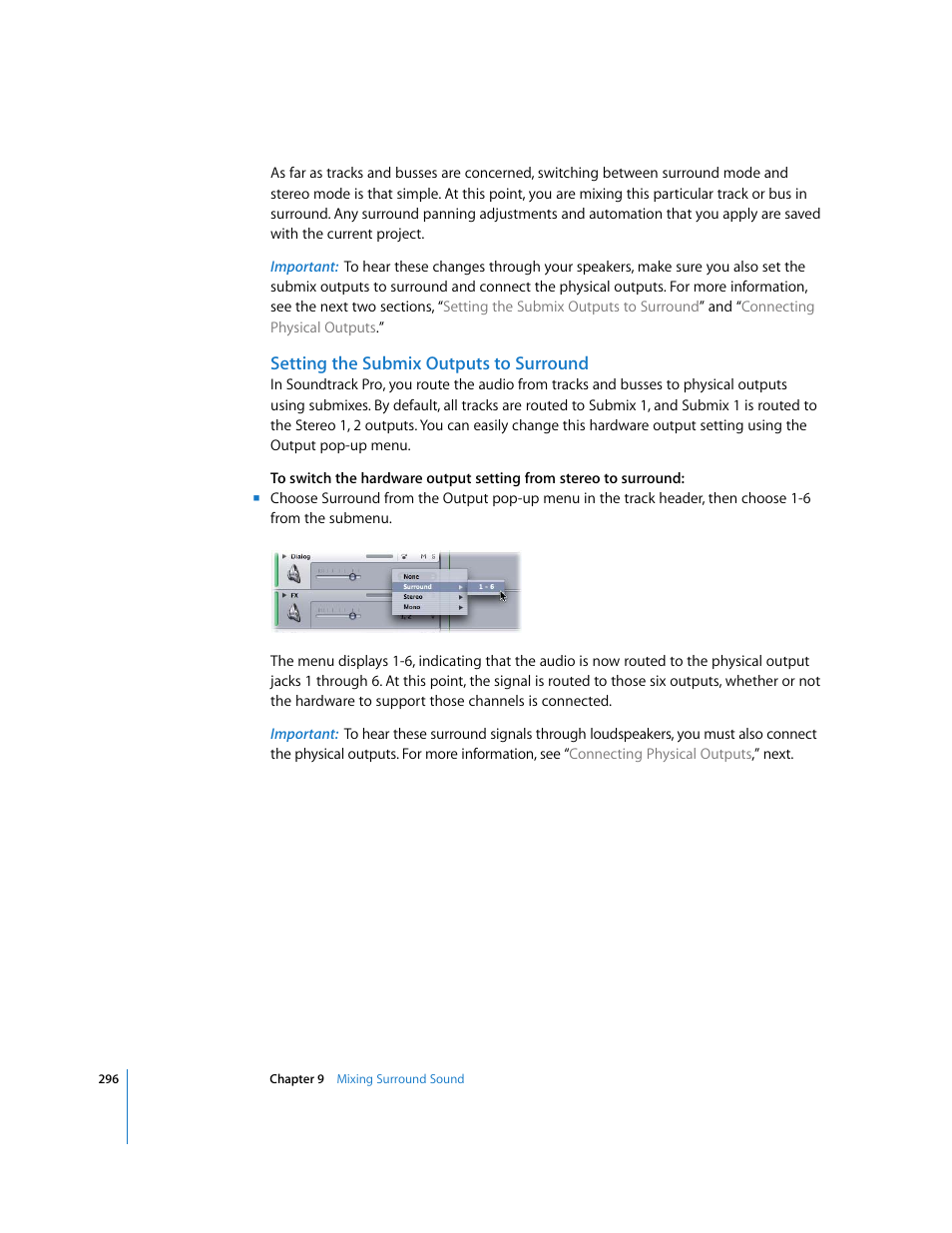 Setting the submix outputs to surround | Apple Soundtrack Pro 2 User Manual | Page 296 / 566