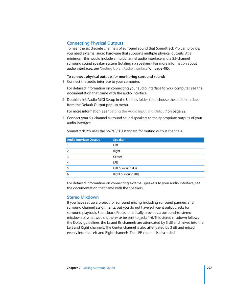 Connecting physical outputs, Stereo mixdown, Stereo | Mixdown, Connecting, Physical outputs | Apple Soundtrack Pro 2 User Manual | Page 297 / 566