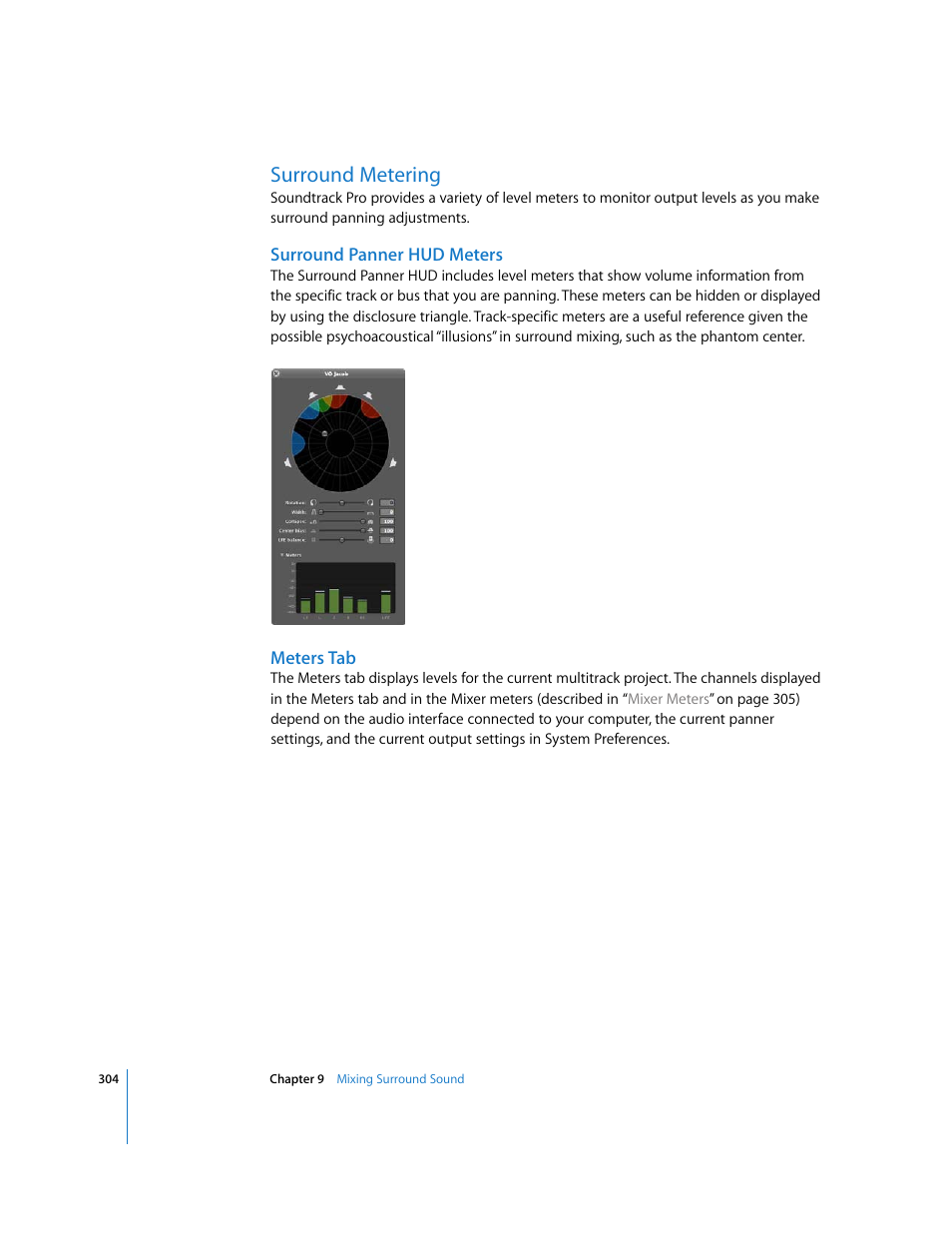 Surround metering, Surround panner hud meters, Meters tab | Apple Soundtrack Pro 2 User Manual | Page 304 / 566