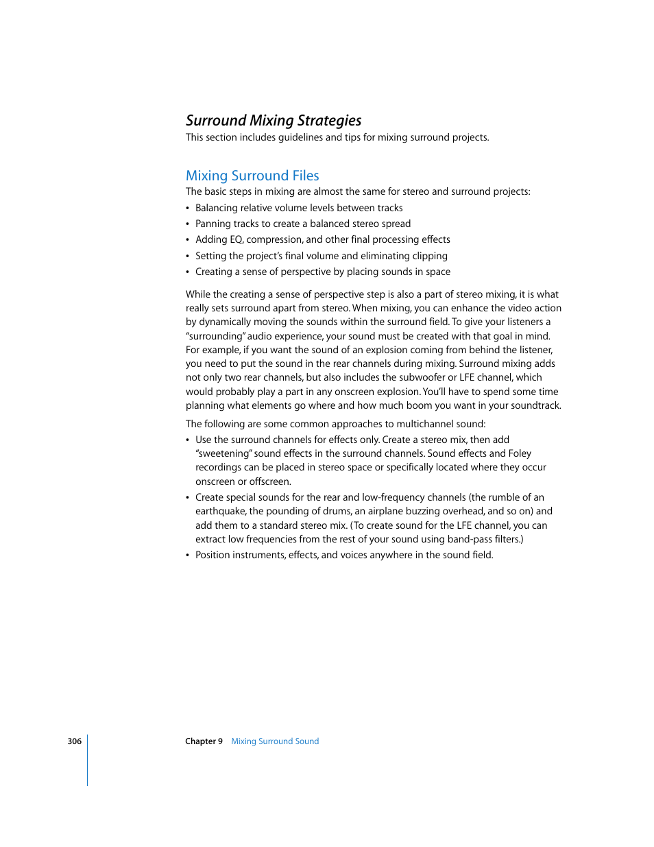 Surround mixing strategies, Mixing surround files | Apple Soundtrack Pro 2 User Manual | Page 306 / 566