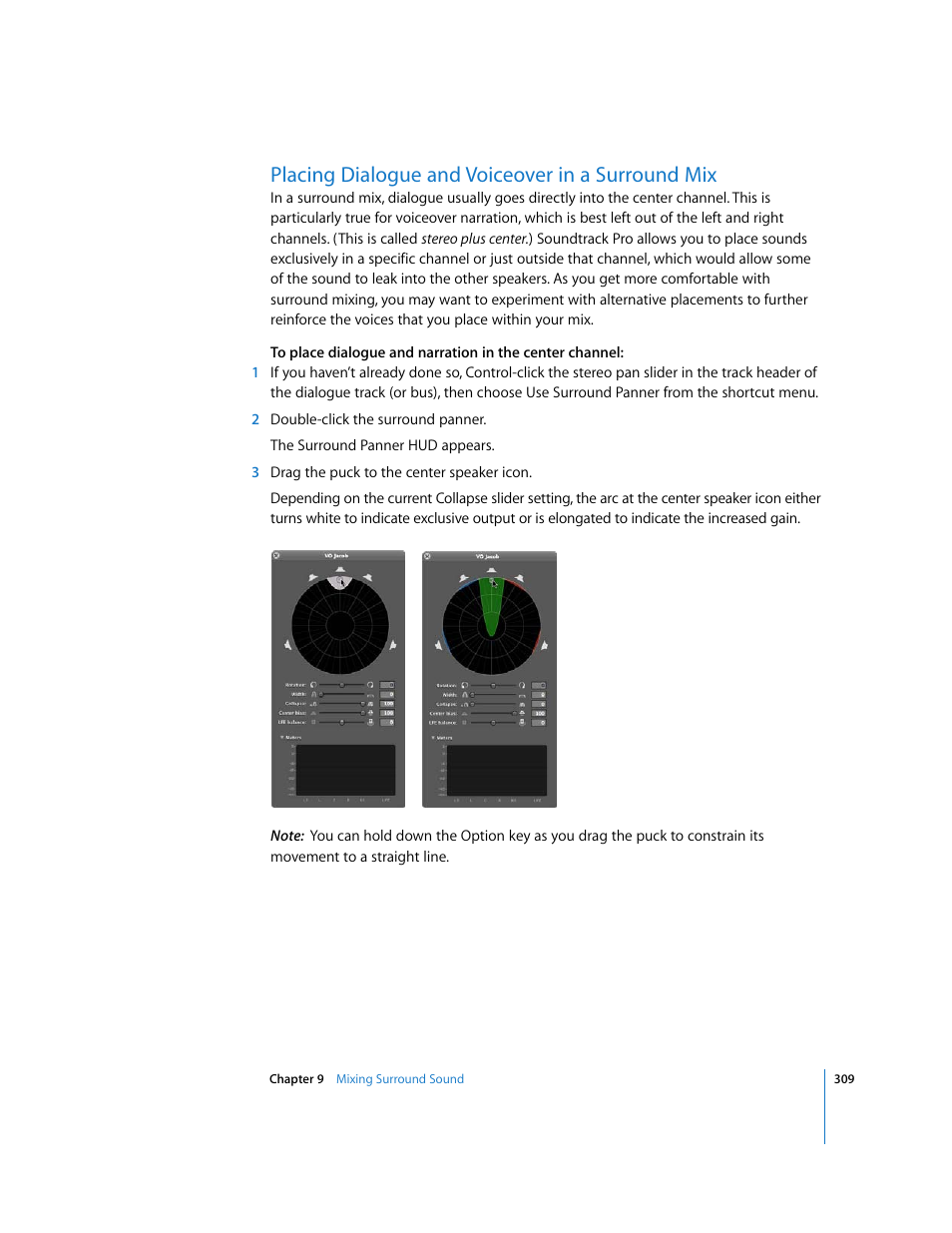 Placing dialogue and voiceover in a surround mix | Apple Soundtrack Pro 2 User Manual | Page 309 / 566