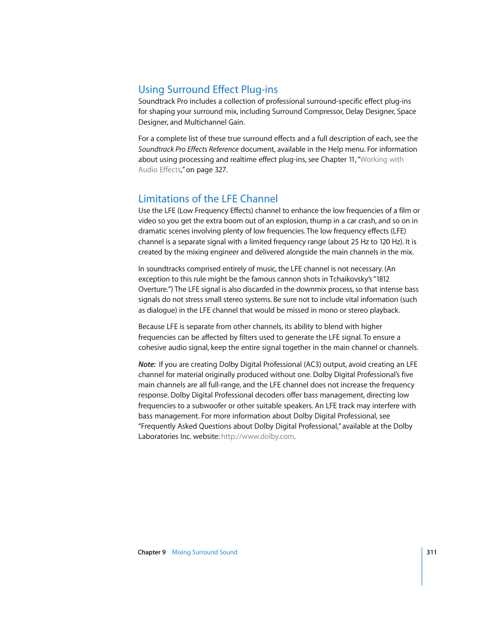 Using surround effect plug-ins, Limitations of the lfe channel | Apple Soundtrack Pro 2 User Manual | Page 311 / 566