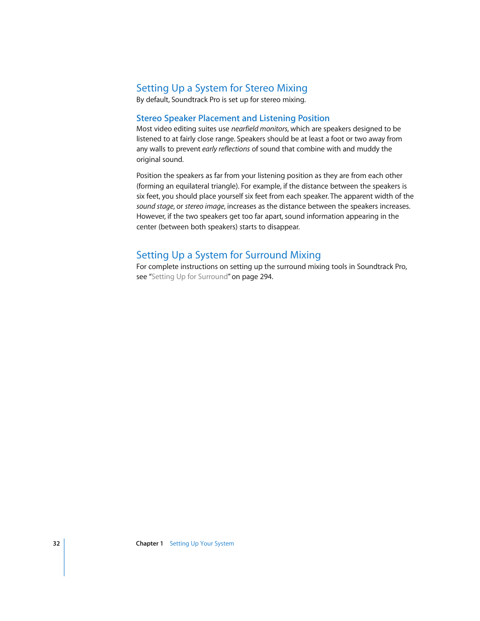 Setting up a system for stereo mixing, Stereo speaker placement and listening position, Setting up a system for surround mixing | Apple Soundtrack Pro 2 User Manual | Page 32 / 566