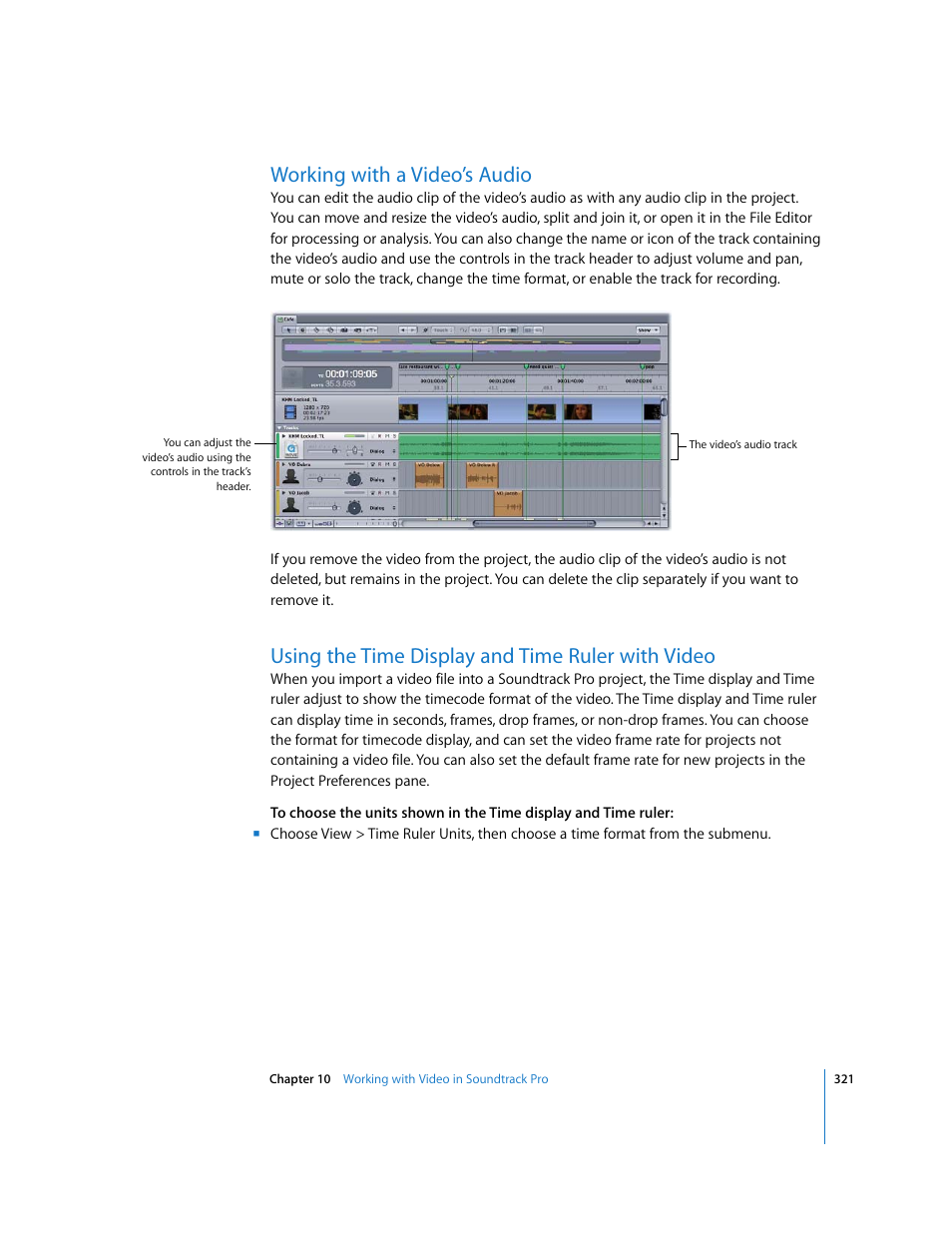 Working with a video’s audio, Using the time display and time ruler with video | Apple Soundtrack Pro 2 User Manual | Page 321 / 566