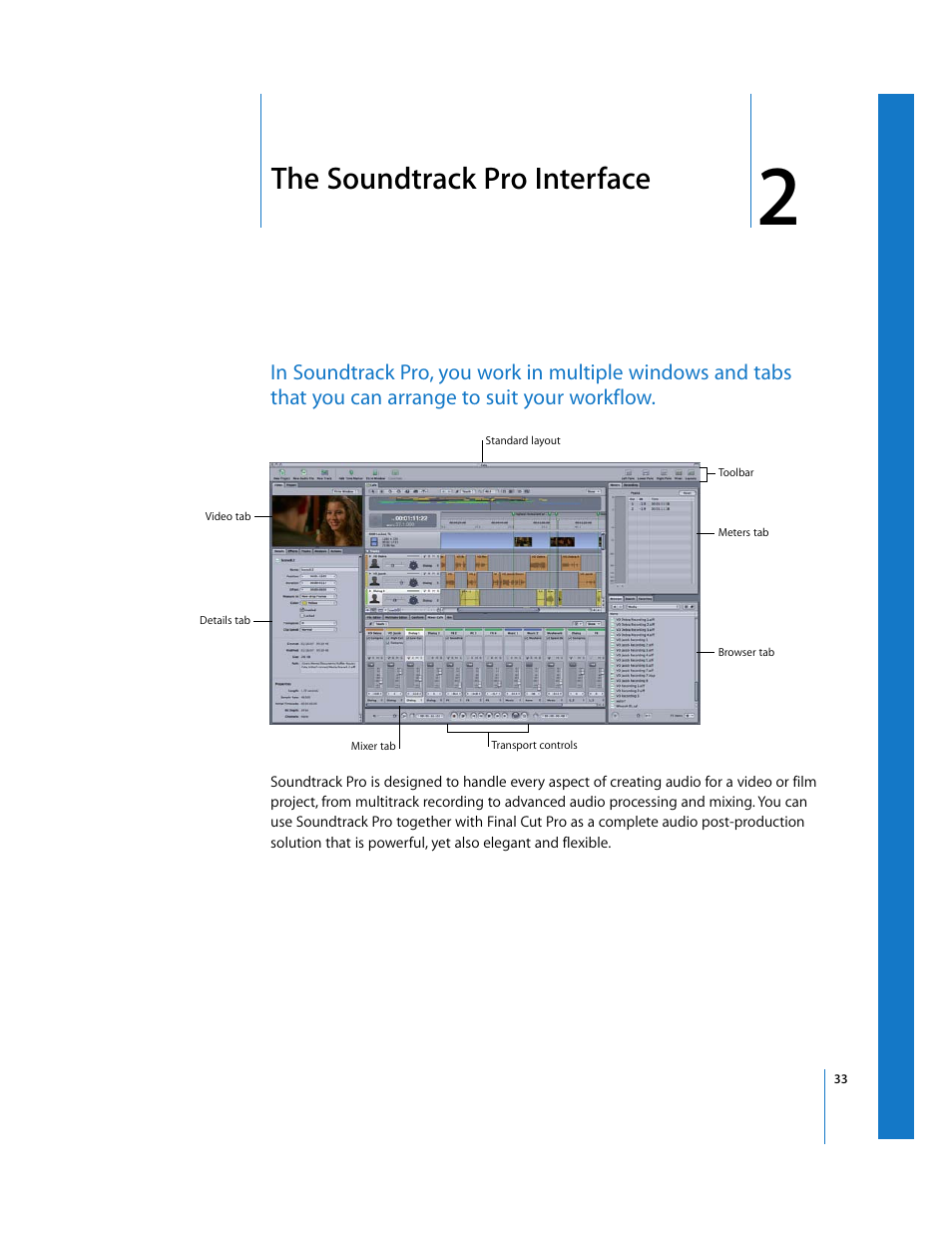 The soundtrackpro interface, Chapter 2, The soundtrack pro interface | Ead chapter 2 | Apple Soundtrack Pro 2 User Manual | Page 33 / 566