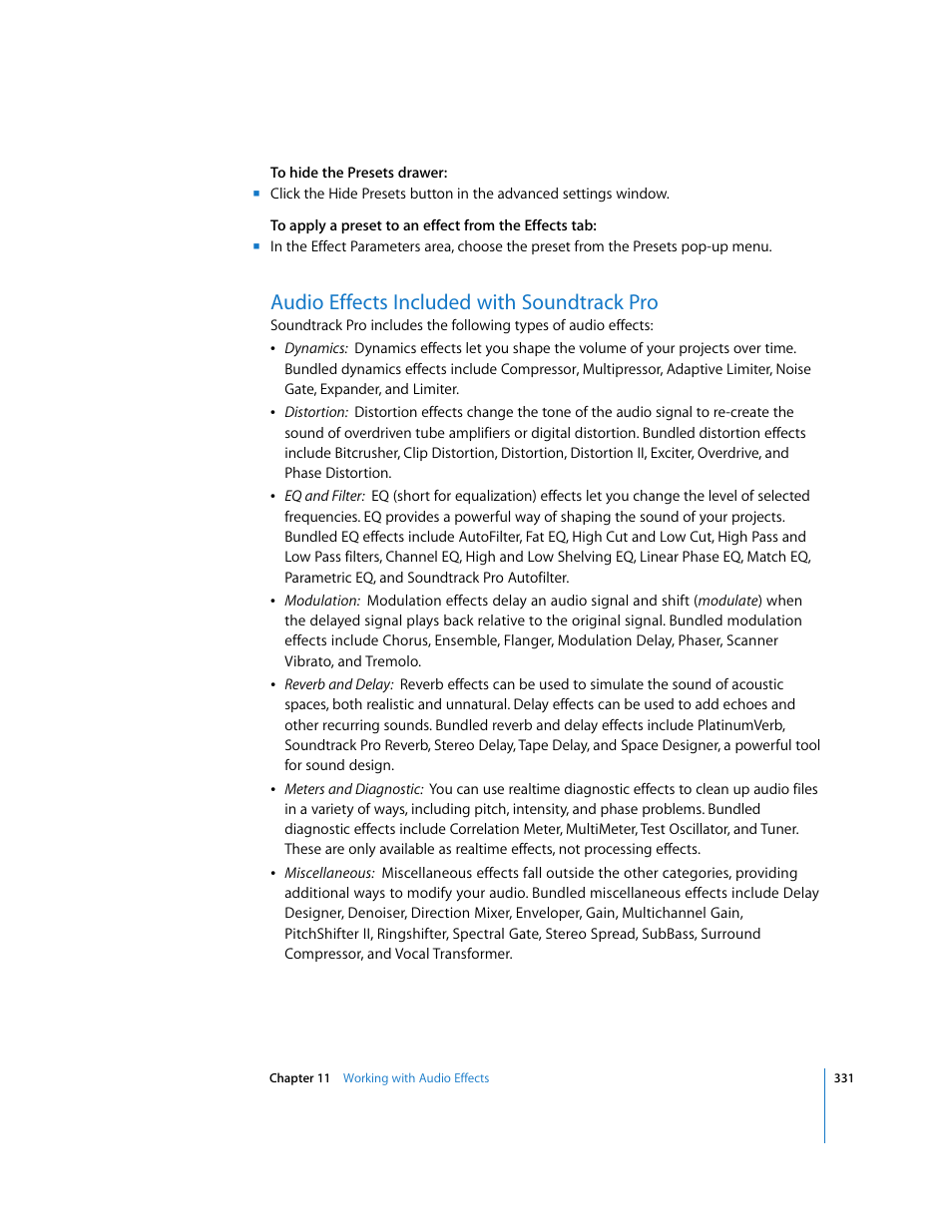 Audio effects included with soundtrackpro, Audio effects included with soundtrack pro, Audio | Effects included with soundtrack pro | Apple Soundtrack Pro 2 User Manual | Page 331 / 566
