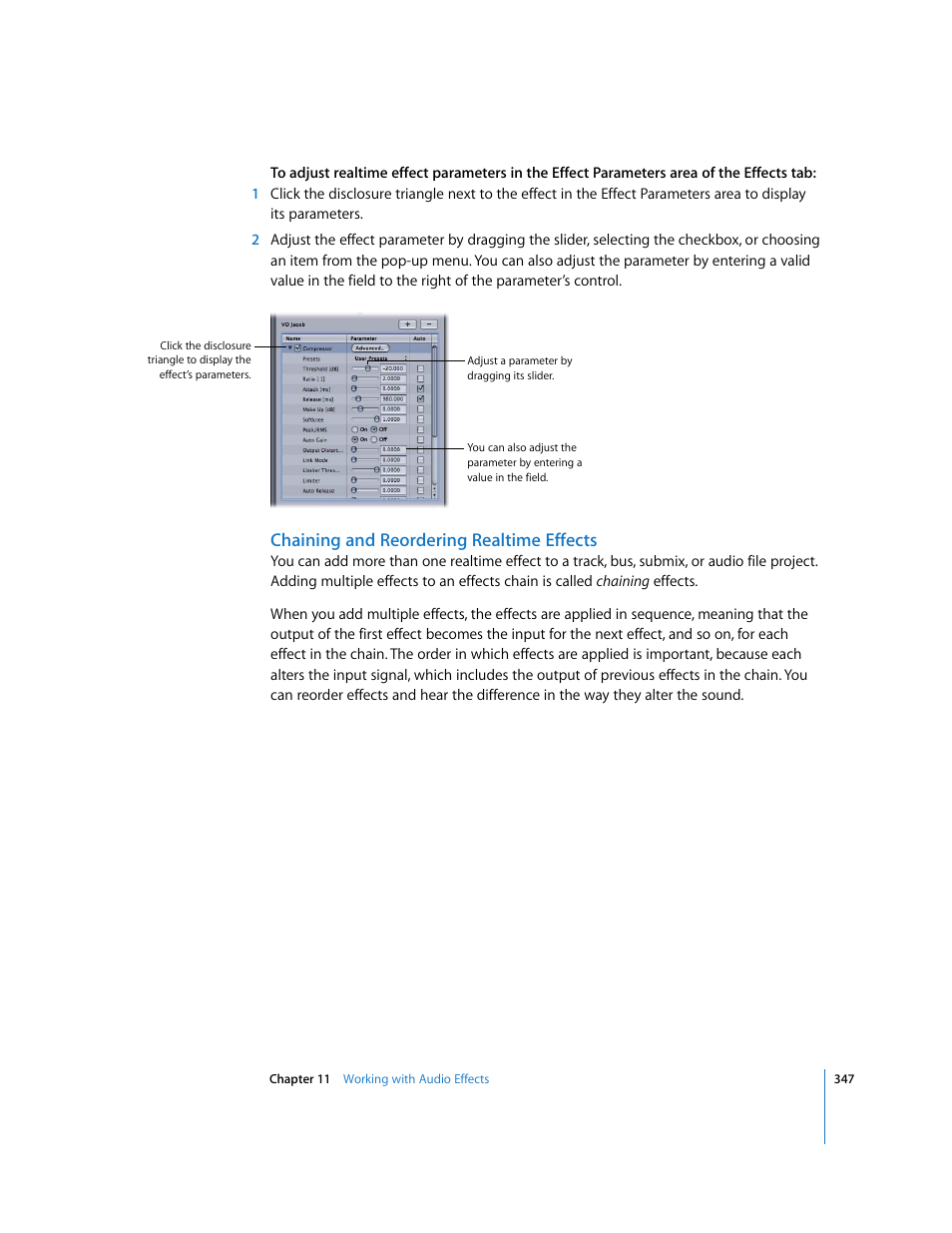 Chaining and reordering realtime effects | Apple Soundtrack Pro 2 User Manual | Page 347 / 566