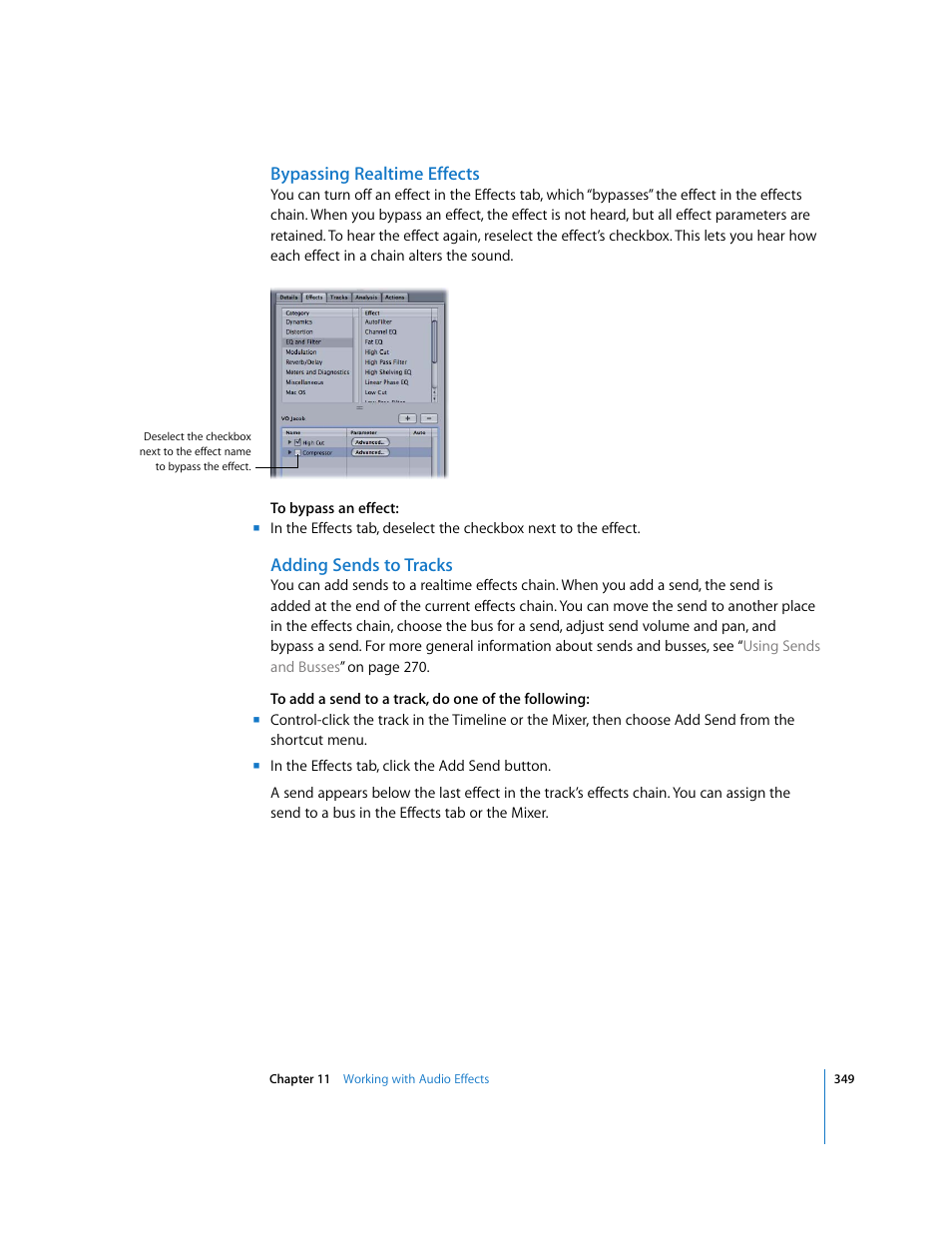 Bypassing realtime effects, Adding sends to tracks, Adding sends | To tracks, Bypassing realtime, Effects | Apple Soundtrack Pro 2 User Manual | Page 349 / 566