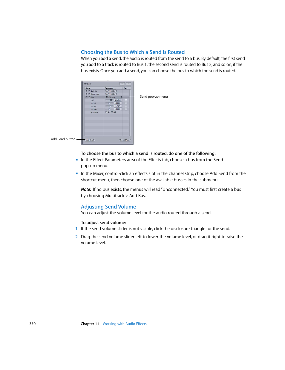 Choosing the bus to which a send is routed, Adjusting send volume | Apple Soundtrack Pro 2 User Manual | Page 350 / 566