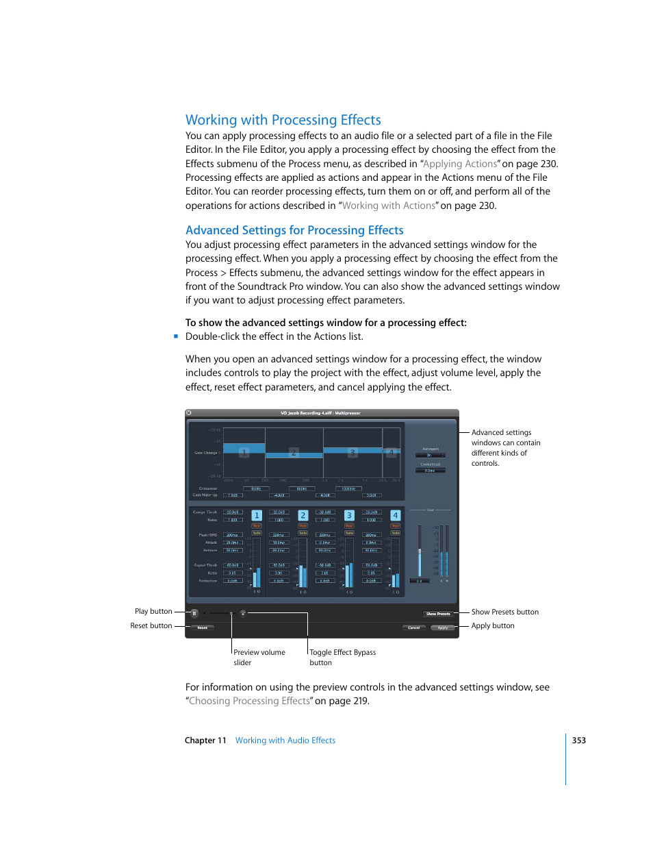 Working with processing effects, Advanced settings for processing effects | Apple Soundtrack Pro 2 User Manual | Page 353 / 566