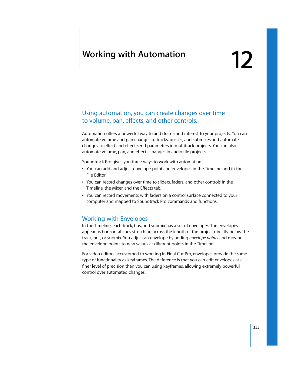 Working with automation, Working with envelopes, Chapter 12 | See chapter 12, Working, With automation, Working with, Automation | Apple Soundtrack Pro 2 User Manual | Page 355 / 566