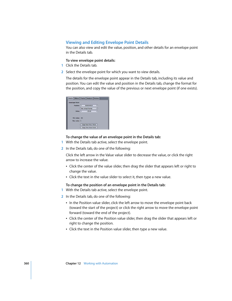 Viewing and editing envelope point details | Apple Soundtrack Pro 2 User Manual | Page 360 / 566