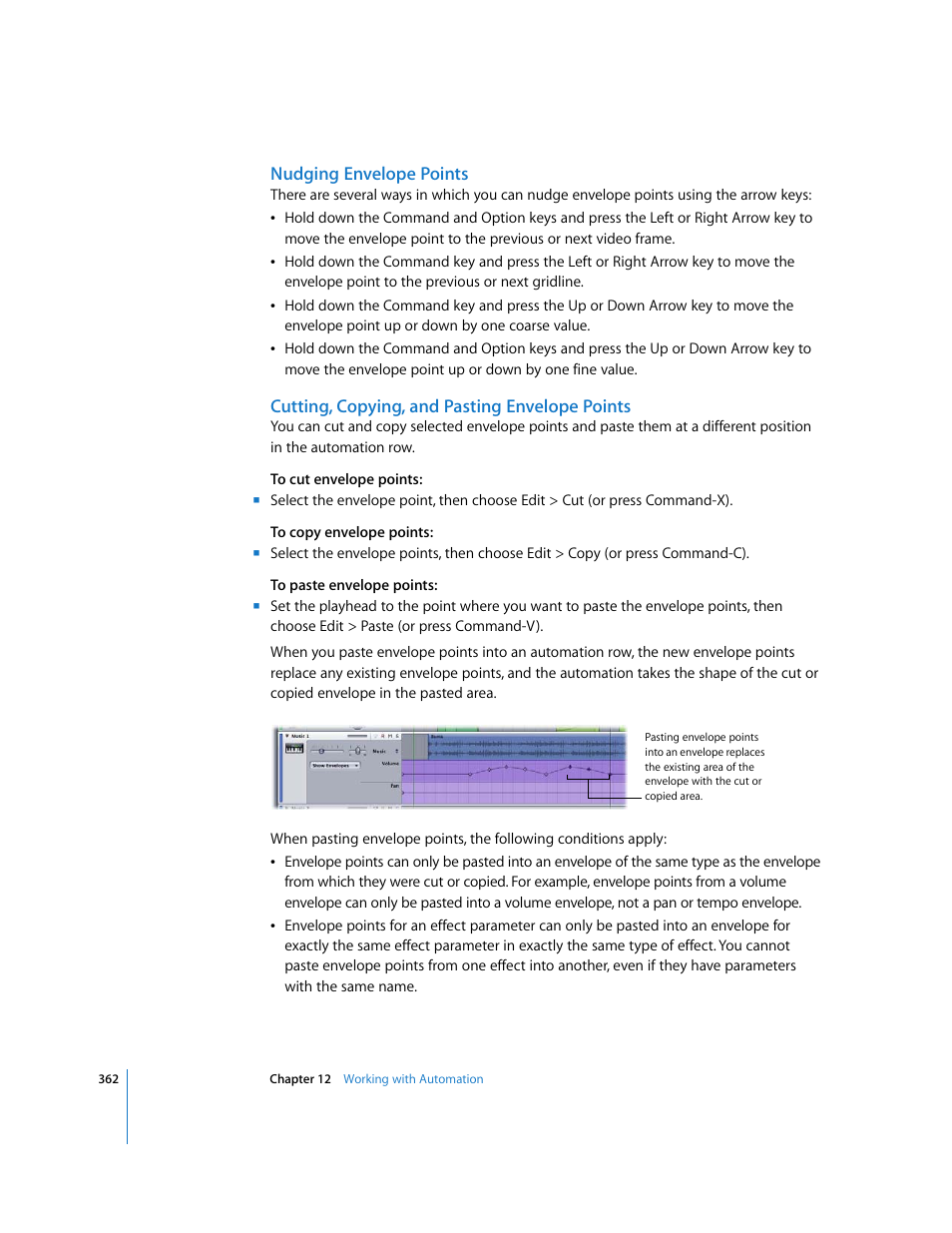 Nudging envelope points, Cutting, copying, and pasting envelope points | Apple Soundtrack Pro 2 User Manual | Page 362 / 566