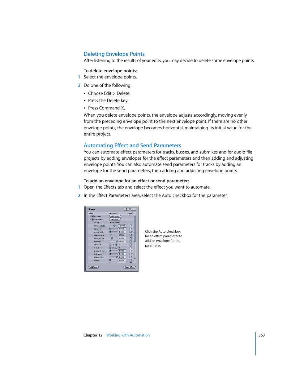 Deleting envelope points, Automating effect and send parameters | Apple Soundtrack Pro 2 User Manual | Page 363 / 566