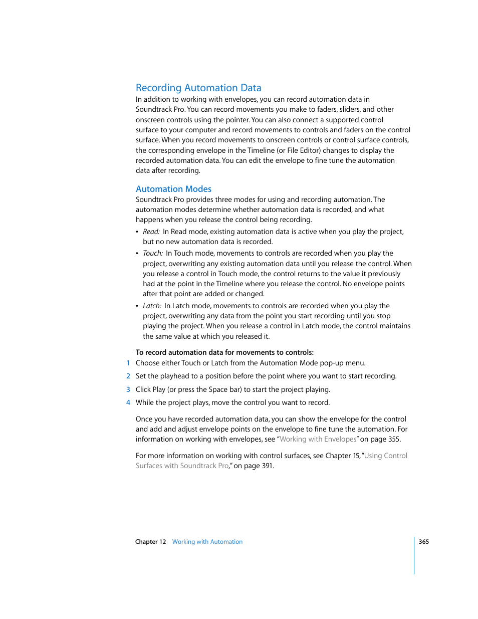 Recording automation data, Automation modes | Apple Soundtrack Pro 2 User Manual | Page 365 / 566