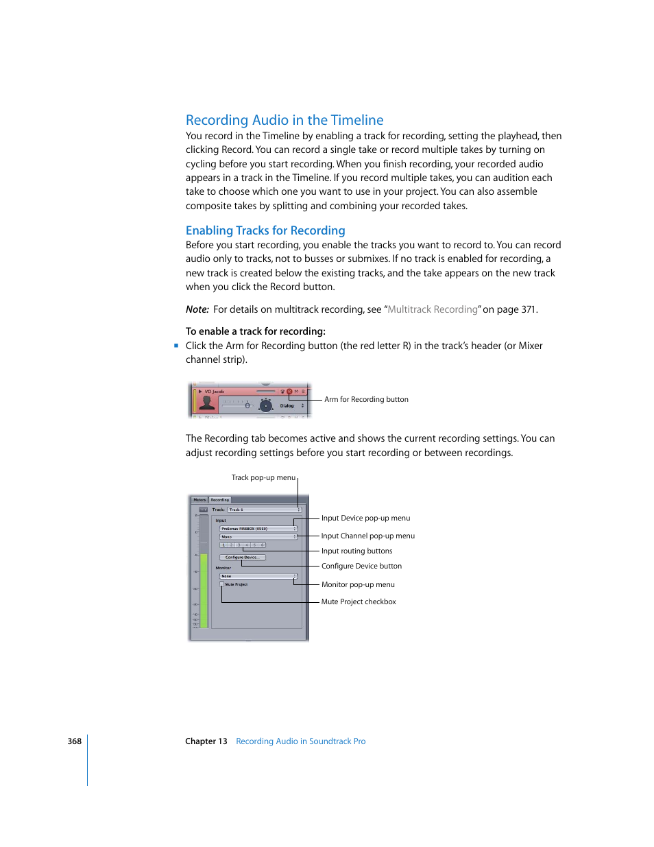 Recording audio in the timeline, Enabling tracks for recording | Apple Soundtrack Pro 2 User Manual | Page 368 / 566