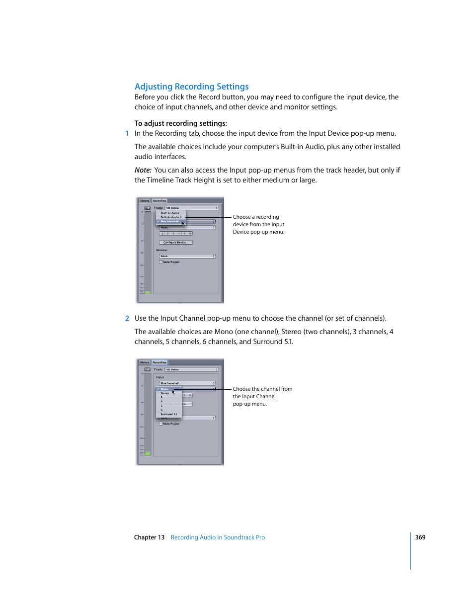 Adjusting recording settings | Apple Soundtrack Pro 2 User Manual | Page 369 / 566