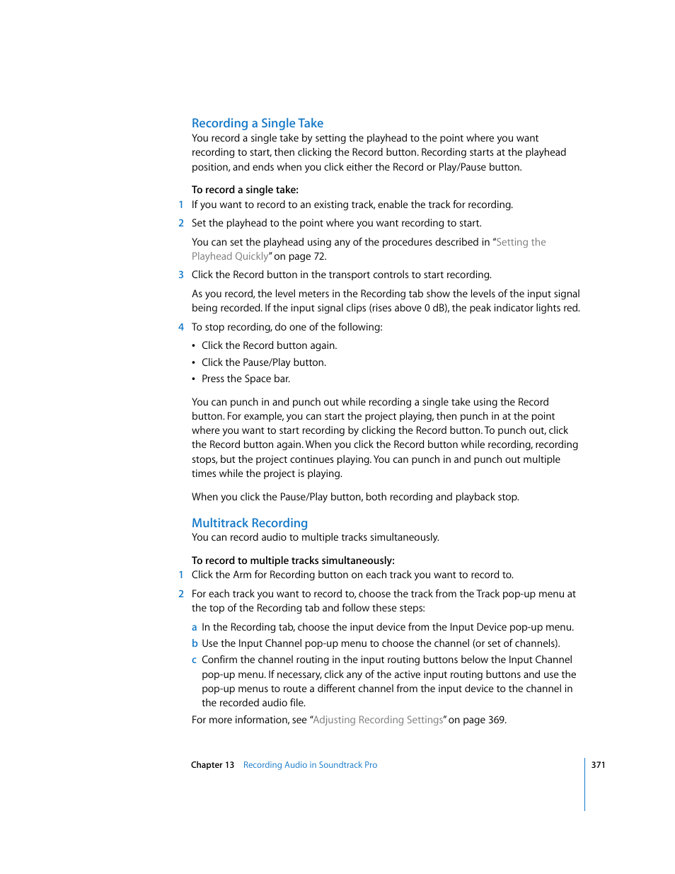Recording a single take, Multitrack recording | Apple Soundtrack Pro 2 User Manual | Page 371 / 566