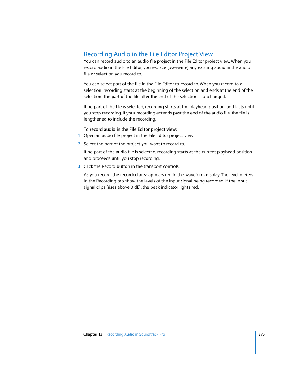 Recording audio in the file editor project view | Apple Soundtrack Pro 2 User Manual | Page 375 / 566