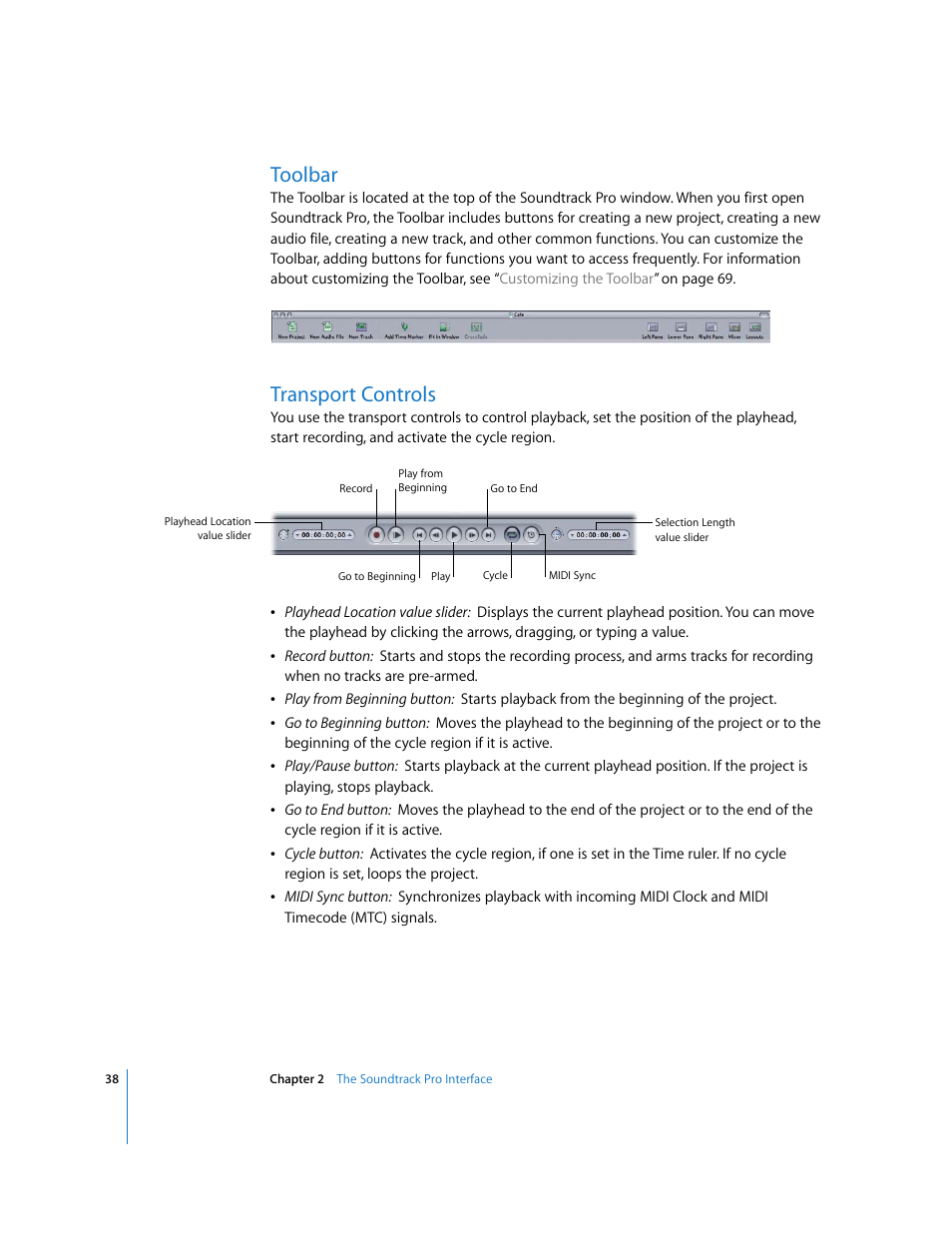 Toolbar, Transport controls | Apple Soundtrack Pro 2 User Manual | Page 38 / 566