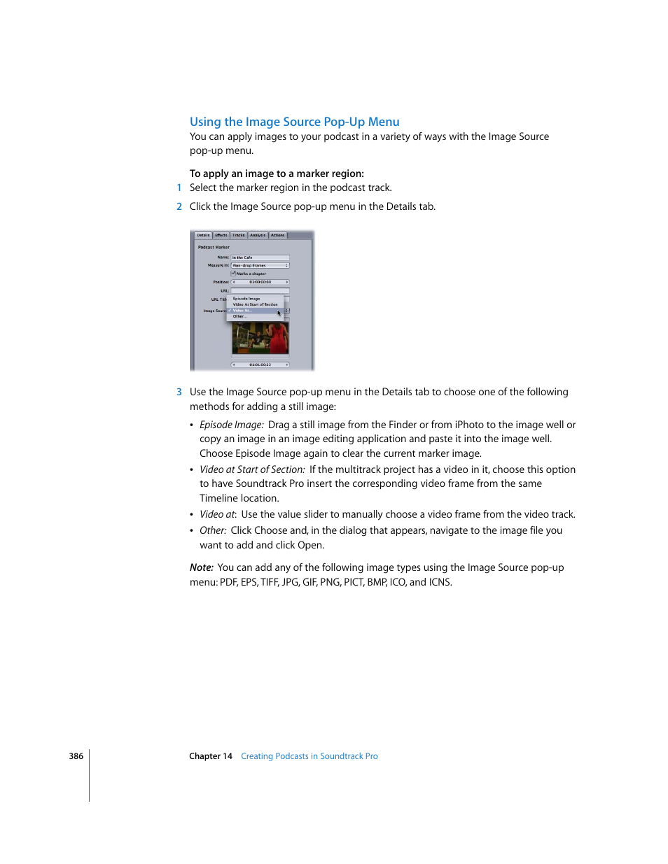 Using the image source pop-up menu, Using the image source, Pop-up menu | Apple Soundtrack Pro 2 User Manual | Page 386 / 566