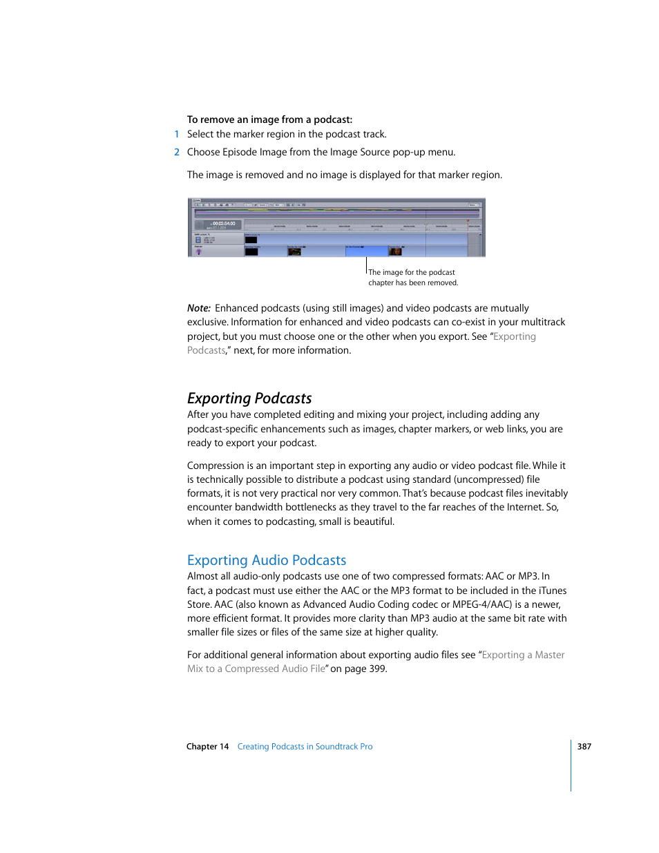 Exporting podcasts, Exporting audio podcasts | Apple Soundtrack Pro 2 User Manual | Page 387 / 566