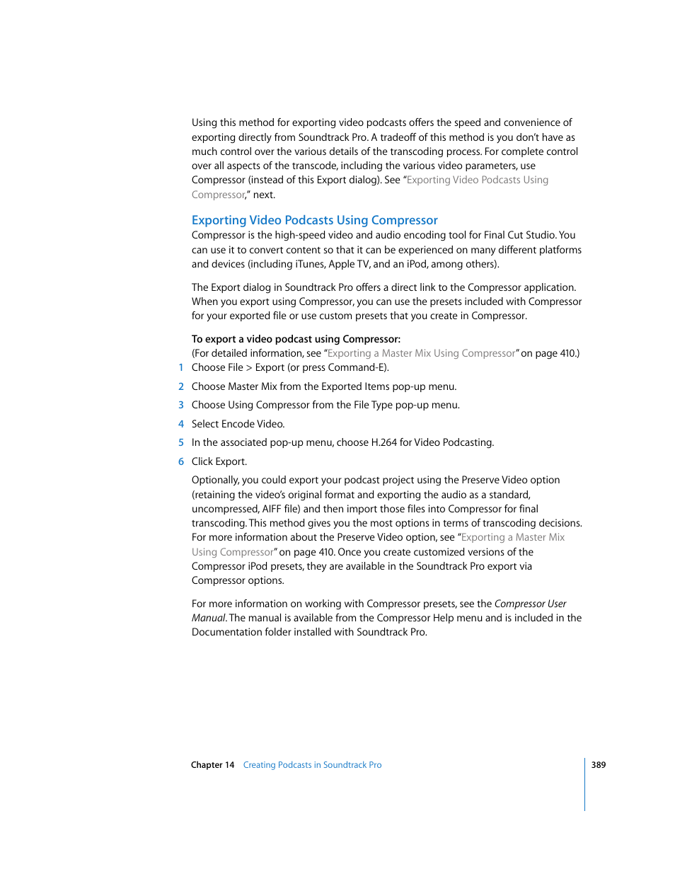 Exporting video podcasts using compressor | Apple Soundtrack Pro 2 User Manual | Page 389 / 566