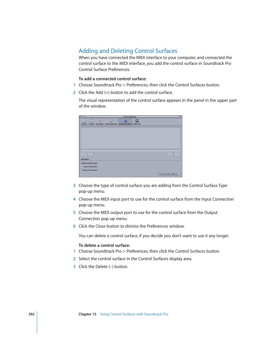 Adding and deleting control surfaces | Apple Soundtrack Pro 2 User Manual | Page 392 / 566