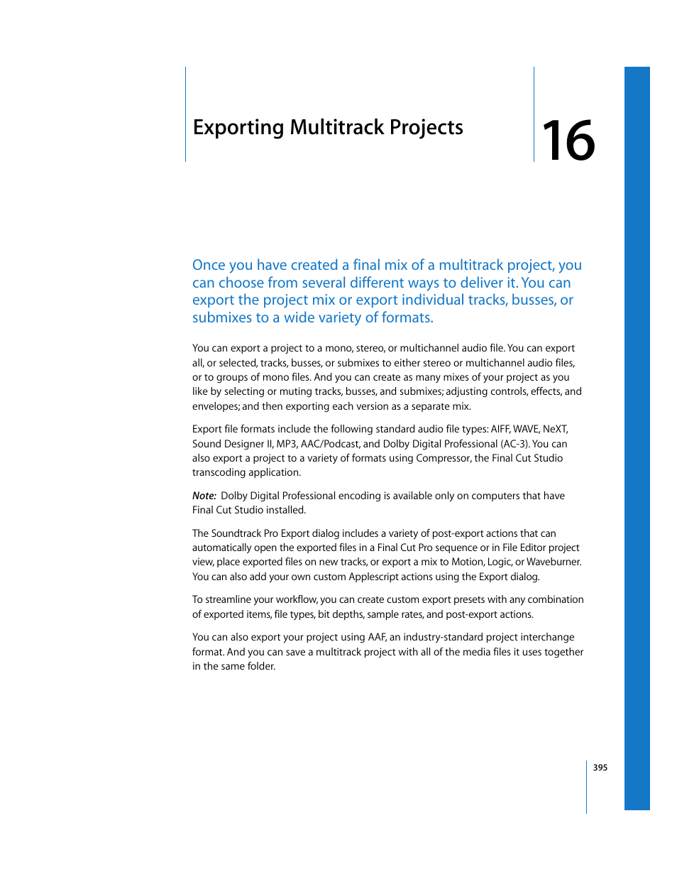 Exporting multitrack projects, Chapter 16, See chapter 16 | Exporting multitrack, Projects | Apple Soundtrack Pro 2 User Manual | Page 395 / 566