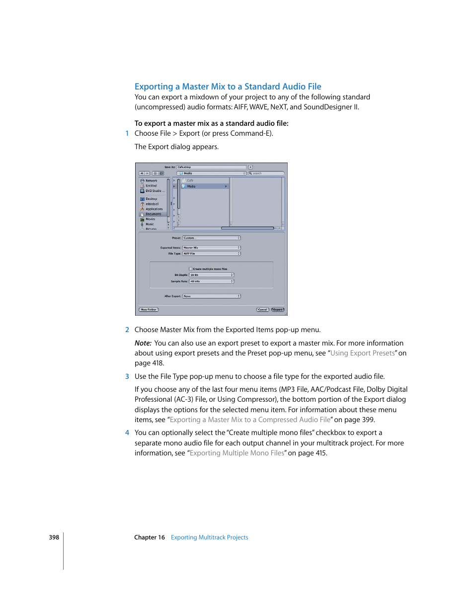 Exporting a master mix to a standard audio file | Apple Soundtrack Pro 2 User Manual | Page 398 / 566