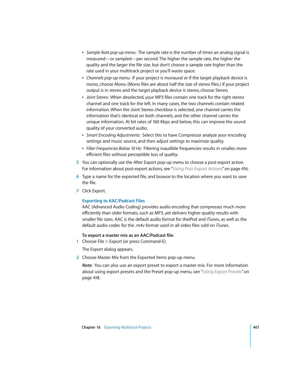 Exporting to aac/podcast files | Apple Soundtrack Pro 2 User Manual | Page 401 / 566