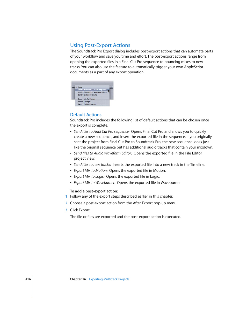 Using post-export actions, Default actions, Tions see | Apple Soundtrack Pro 2 User Manual | Page 416 / 566