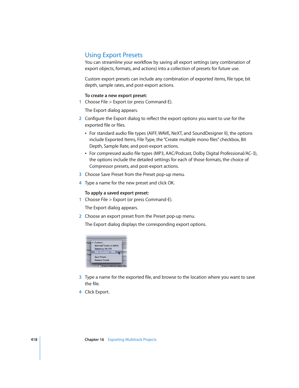 Using export presets, Using, Export presets | Apple Soundtrack Pro 2 User Manual | Page 418 / 566