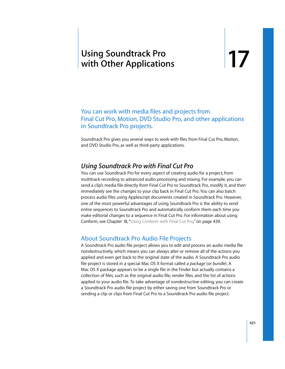 Using soundtrackpro withotherapplications, Using soundtrackpro with finalcutpro, About soundtrackpro audio file projects | Chapter 17, Using soundtrack pro with other applications, Using soundtrack pro with final cut pro, About soundtrack pro audio file projects | Apple Soundtrack Pro 2 User Manual | Page 421 / 566