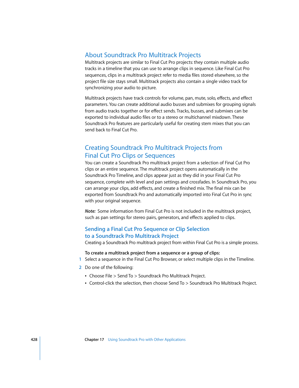 About soundtrackpro multitrack projects, About soundtrack pro multitrack projects, Clips or sequences | Apple Soundtrack Pro 2 User Manual | Page 428 / 566