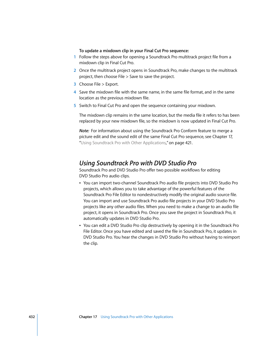 Using soundtrackpro with dvdstudiopro, Using soundtrack pro with dvd studio pro | Apple Soundtrack Pro 2 User Manual | Page 432 / 566