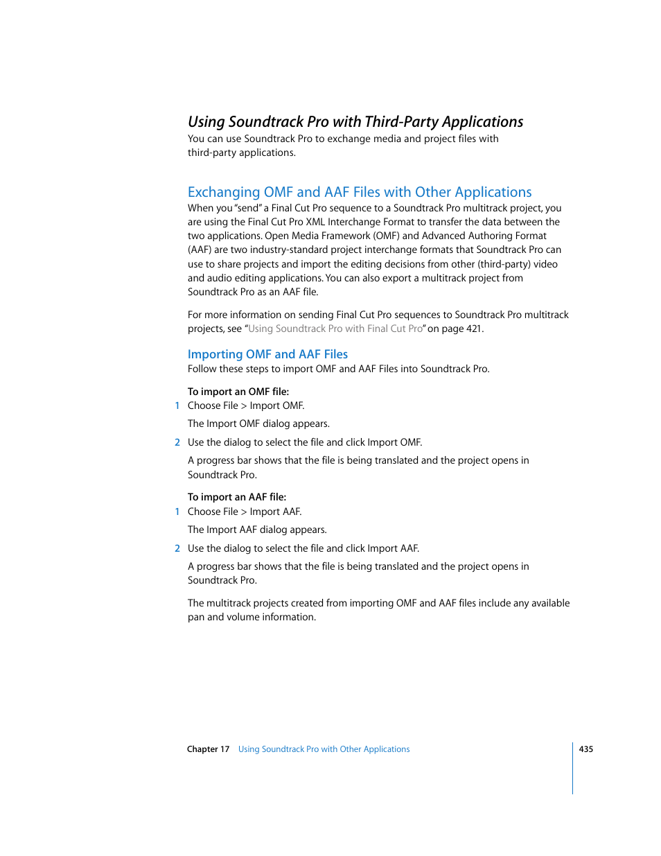 Using soundtrackpro with third-party applications, Importing omf and aaf files, Using soundtrack pro with third-party applications | Exchanging omf and aaf files, With other applications | Apple Soundtrack Pro 2 User Manual | Page 435 / 566