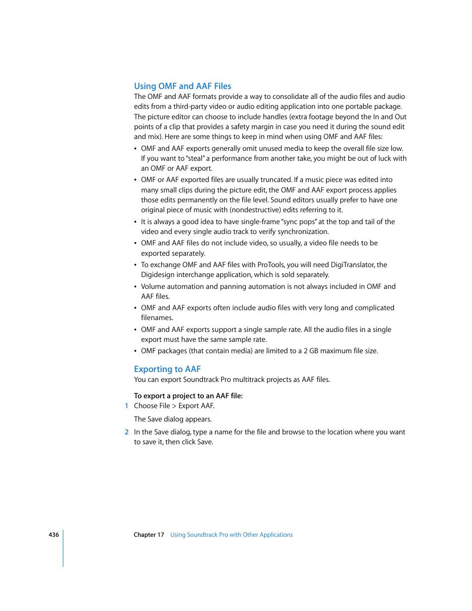 Using omf and aaf files, Exporting to aaf | Apple Soundtrack Pro 2 User Manual | Page 436 / 566