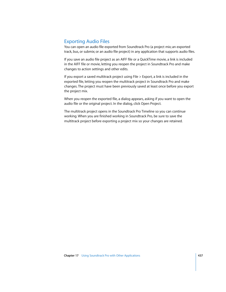 Exporting audio files | Apple Soundtrack Pro 2 User Manual | Page 437 / 566