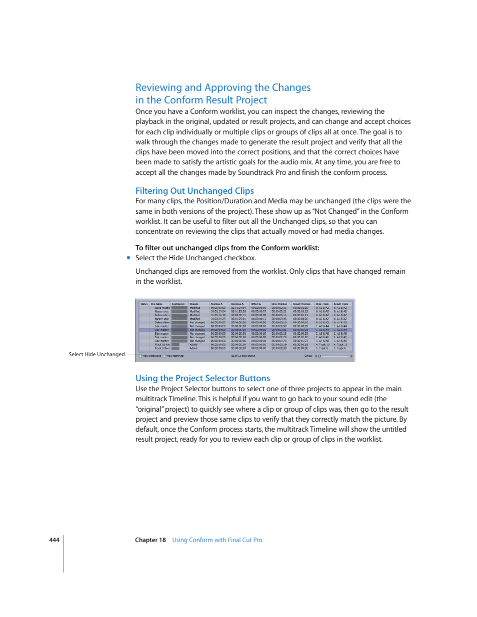Filtering out unchanged clips, Using the project selector buttons | Apple Soundtrack Pro 2 User Manual | Page 444 / 566