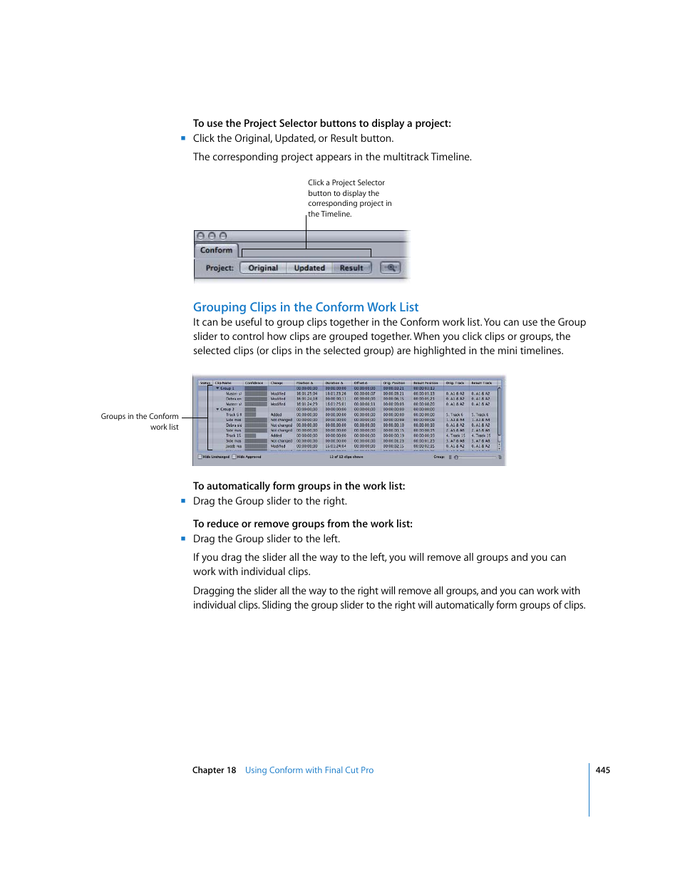 Grouping clips in the conform work list | Apple Soundtrack Pro 2 User Manual | Page 445 / 566