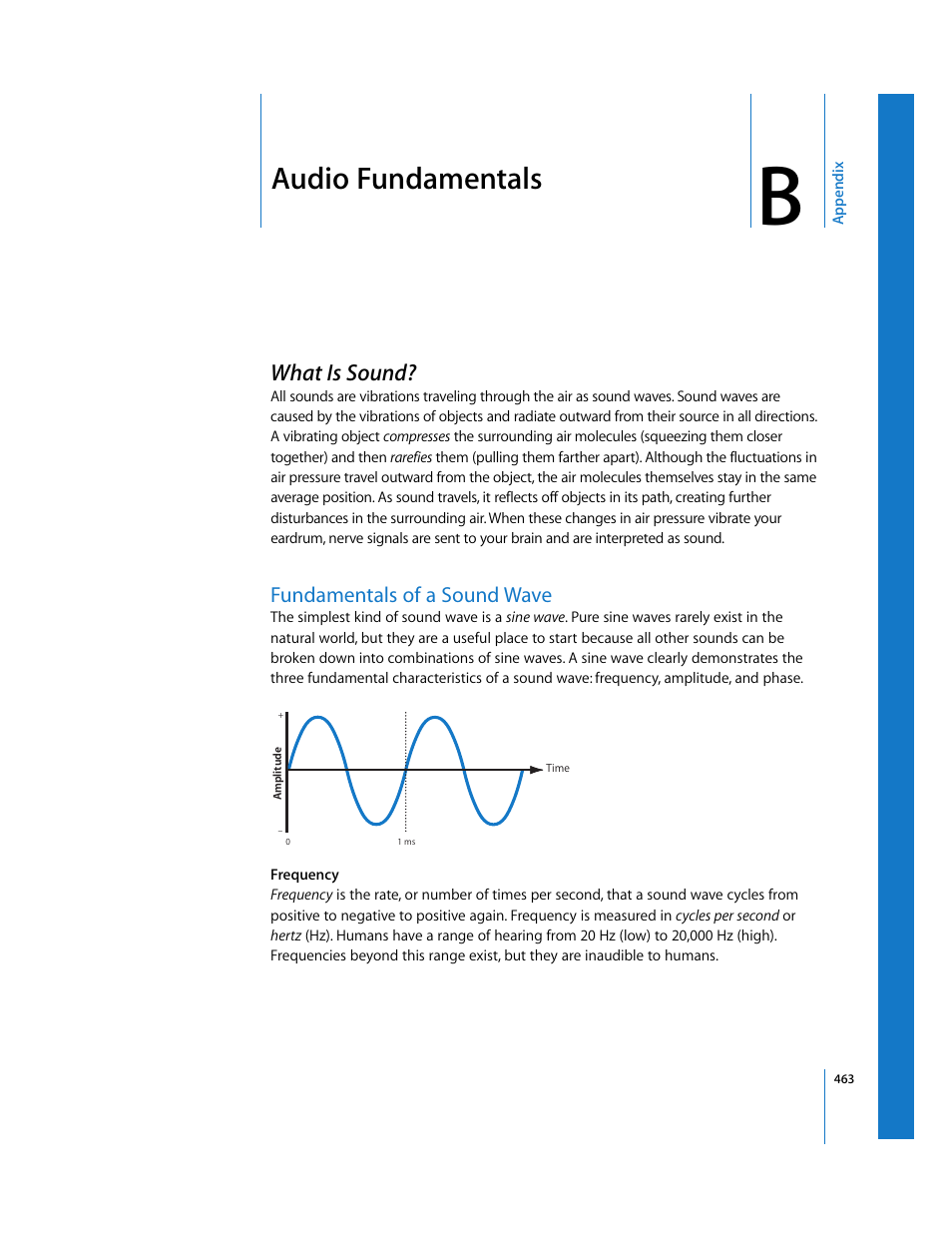 Audio fundamentals, What is sound, Fundamentals of a sound wave | Appendix b, See appendix b | Apple Soundtrack Pro 2 User Manual | Page 463 / 566
