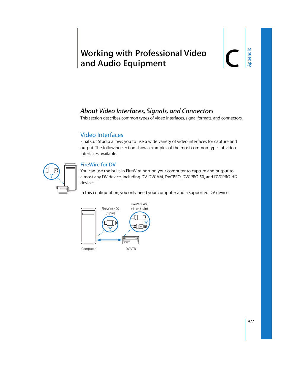 About video interfaces, signals, and connectors, Video interfaces, Firewire for dv | Appendix c, About video interfaces, signals, and, Connectors | Apple Soundtrack Pro 2 User Manual | Page 477 / 566