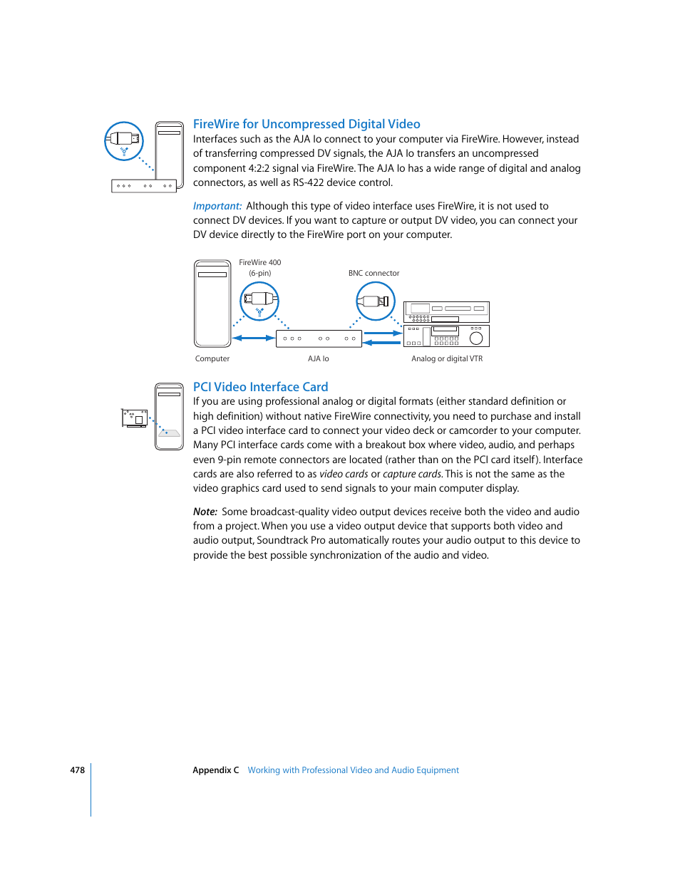 Firewire for uncompressed digital video, Pci video interface card | Apple Soundtrack Pro 2 User Manual | Page 478 / 566