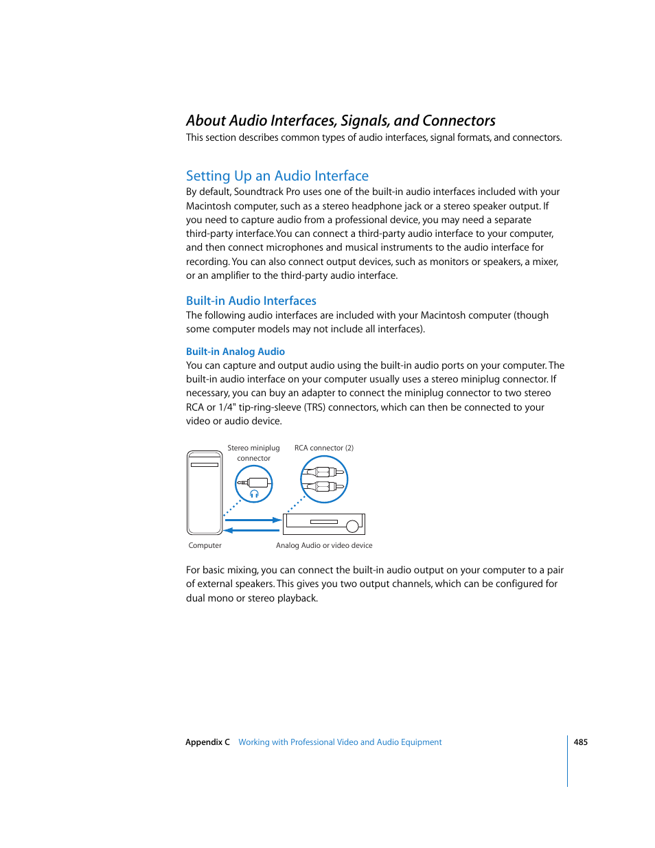 About audio interfaces, signals, and connectors, Setting up an audio interface, Built-in audio interfaces | Apple Soundtrack Pro 2 User Manual | Page 485 / 566