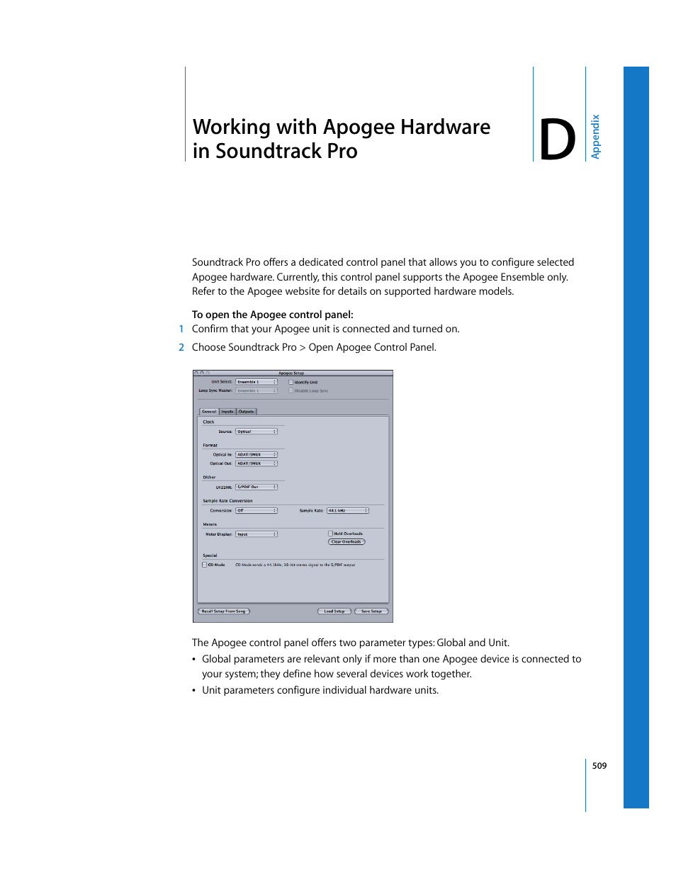 Working with apogee hardware in soundtrackpro, Appendix d, Working with apogee hardware in soundtrack pro | Apple Soundtrack Pro 2 User Manual | Page 509 / 566