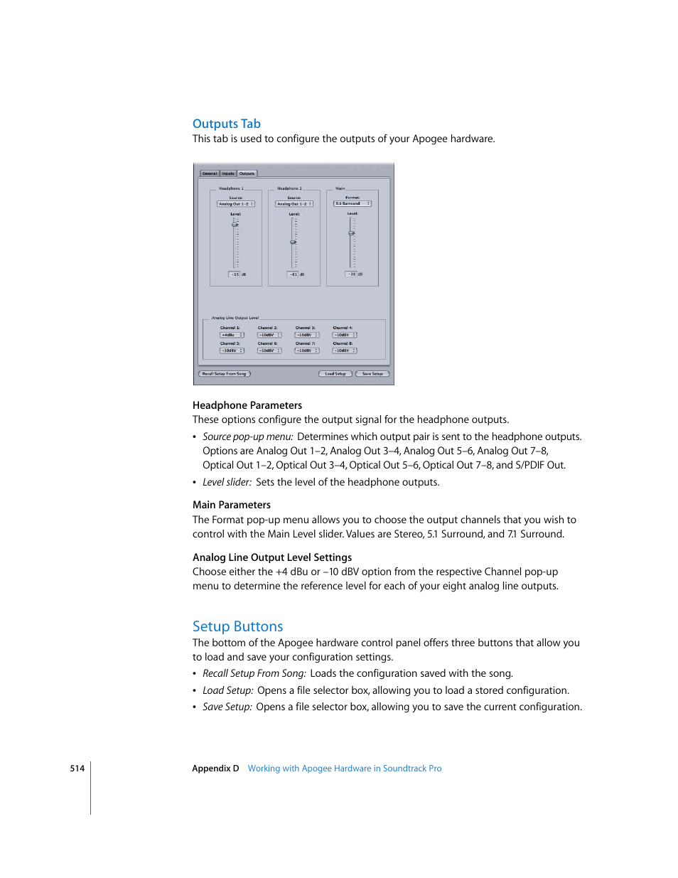 Outputs tab, Setup buttons | Apple Soundtrack Pro 2 User Manual | Page 514 / 566