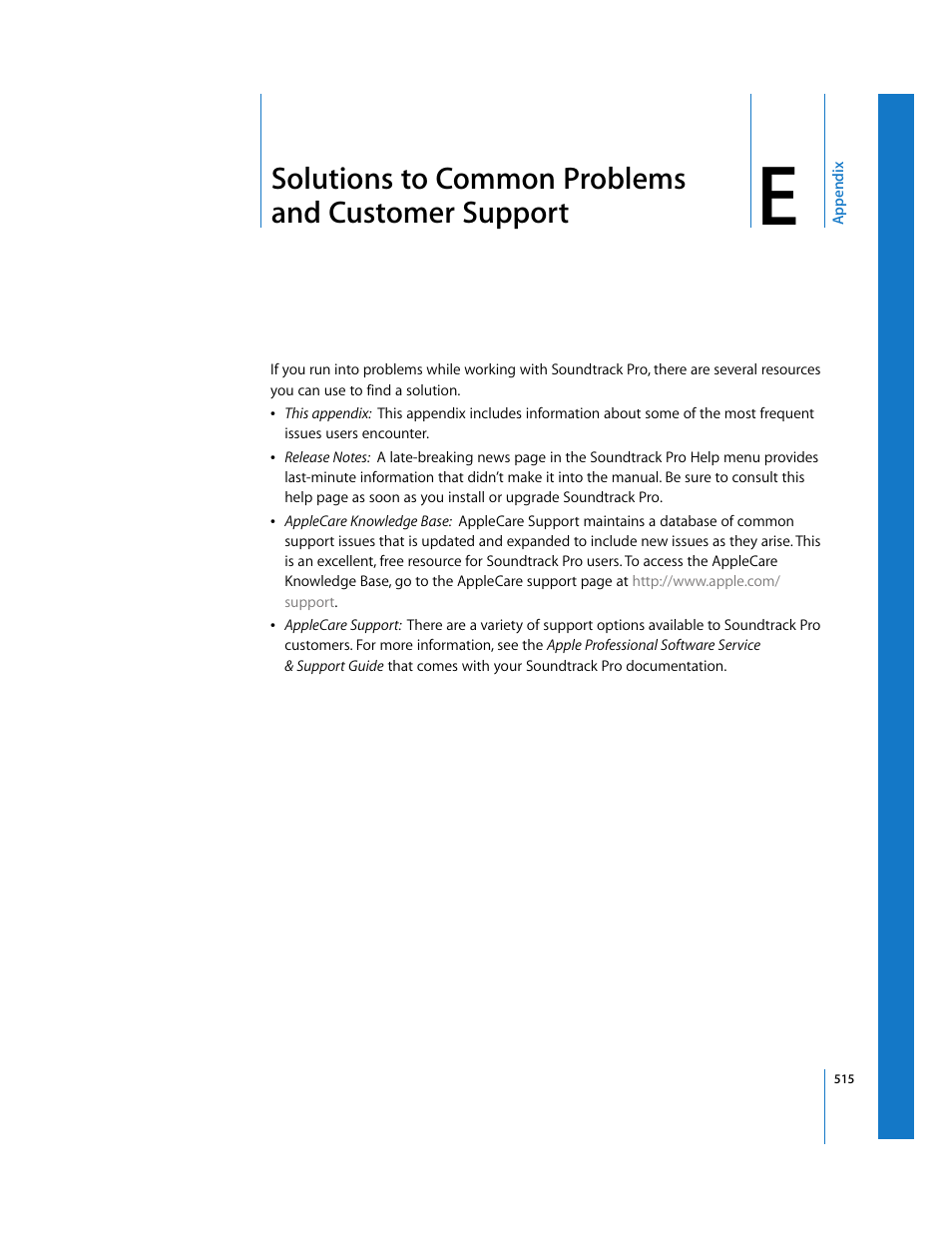 Solutions to common problems andcustomer support, Appendix e, Solutions to common problems and customer support | Apple Soundtrack Pro 2 User Manual | Page 515 / 566