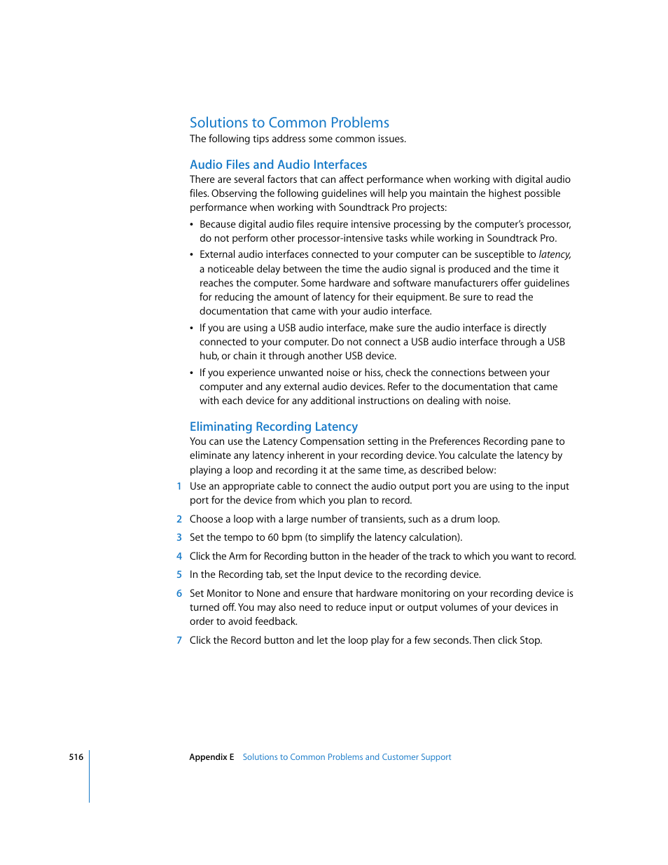 Solutions to common problems, Audio files and audio interfaces, Eliminating recording latency | Apple Soundtrack Pro 2 User Manual | Page 516 / 566